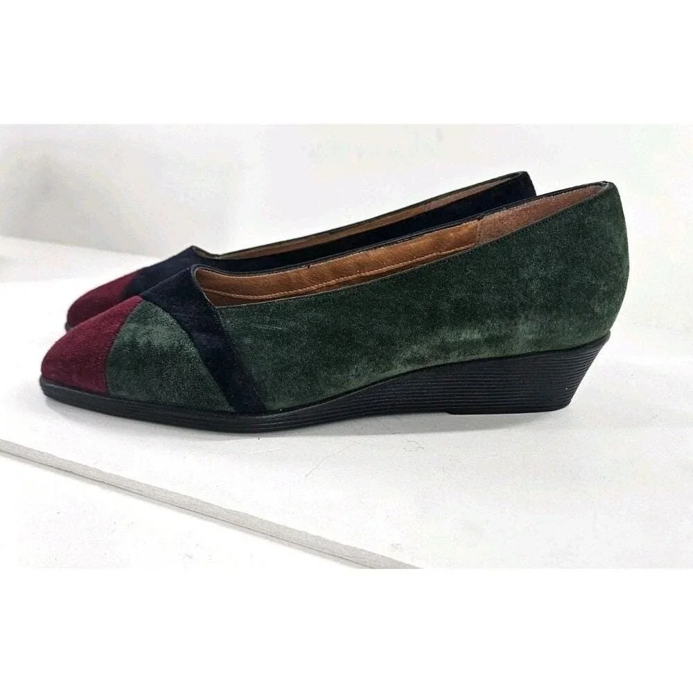 Vtg 90s Naturalizer Womens 7.5C Wedge Slip-On Suede Colorblock Blue Green Maroon